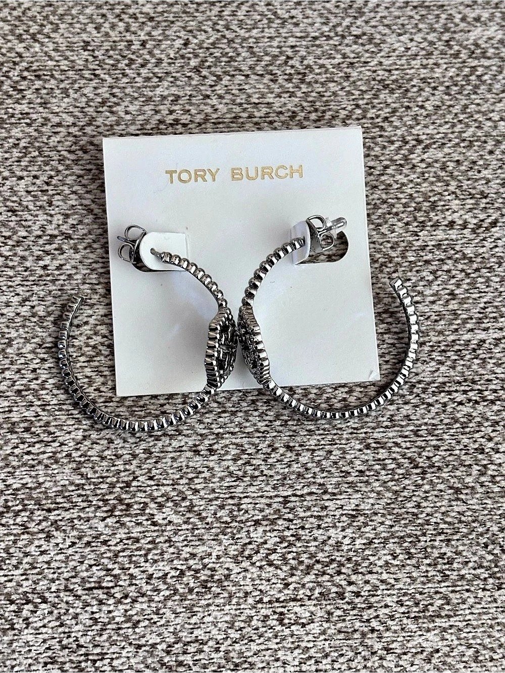 Tory Burch Silver Milgrain Hex Hoop Earrings NWOT
